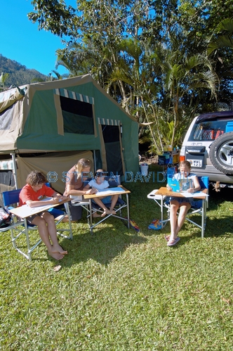 distance learning;camping;campground;children at campground;children studying
