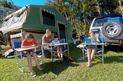 distance learning;camping;campground;children at campground;children studying
