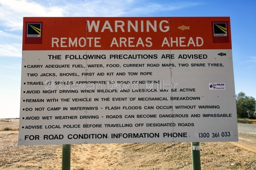 remote area warning sign;outback warning sign;south australia outback warning sign;transport south australia sign;transport sa warning sign